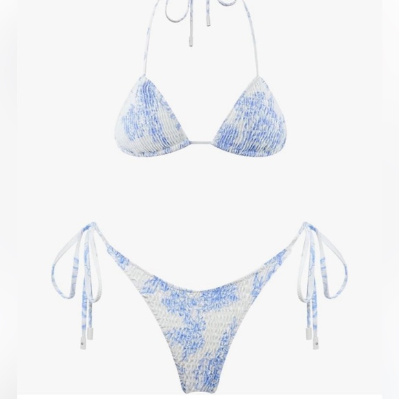 VOLAFA Triangle Bikini Set String Swimsuit Print Tie Smocked Ruched Two Sz Small - Picture 4 of 6